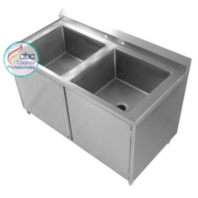 Lavaplatos de 2 pocetas, encerrado con 1 entrepaño y puertas abatibles
